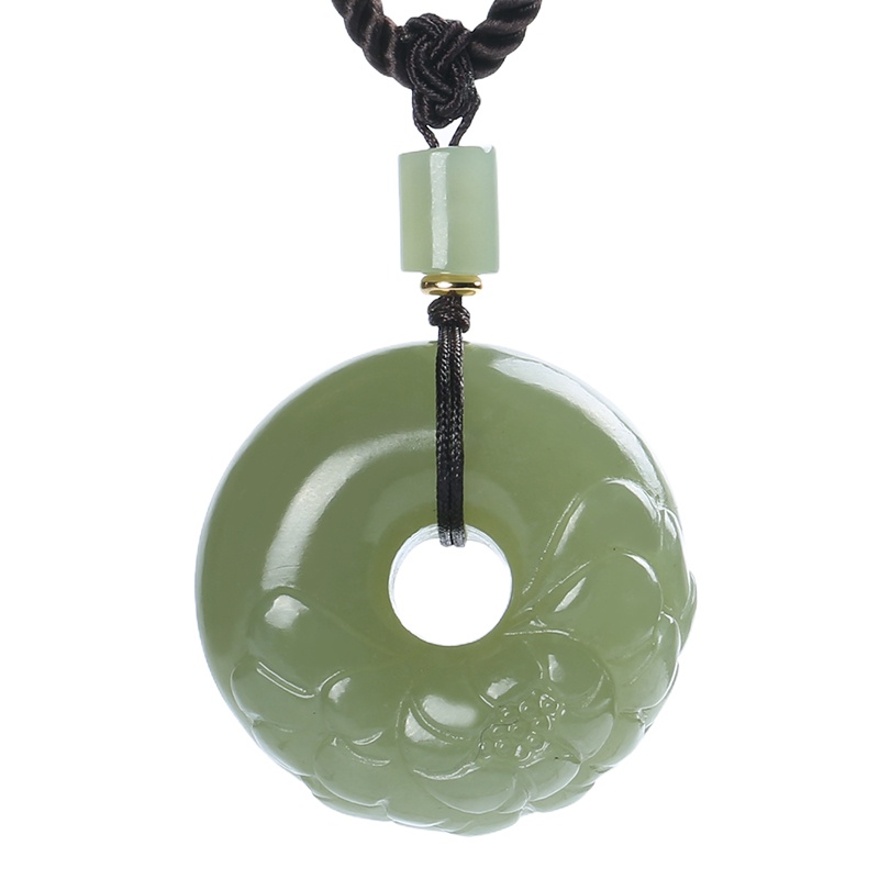 印象眸和田玉花开富贵吊坠 浅青玉圆形玉石扣挂件 附送证书