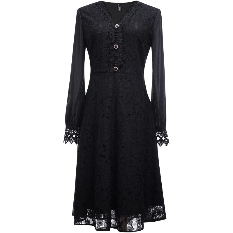 欧昵雪气质花边V领收腰蕾丝连衣裙女镂空长袖a字裙