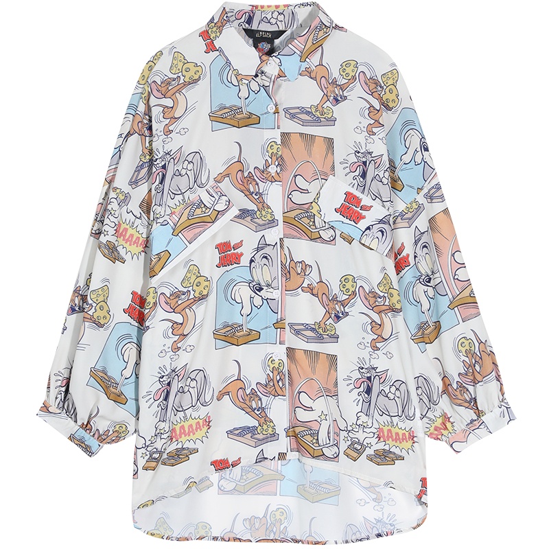 【猫和老鼠联名】妖精的口袋印花长袖衬衫2020夏季新款女小众上衣