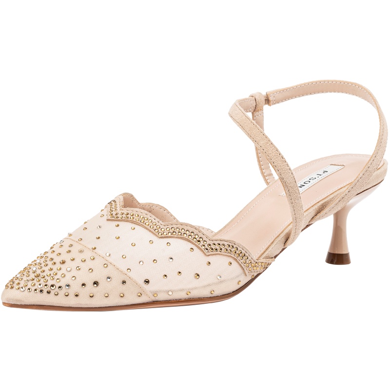 百田森春季新款尖头水钻细跟一字带透气女鞋包头猫跟仙女凉鞋