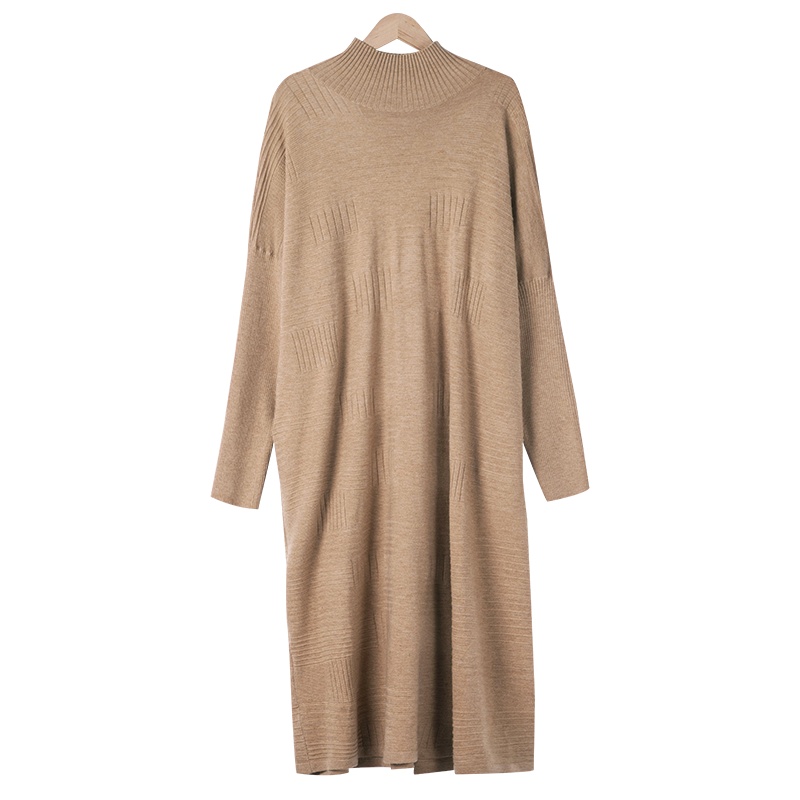晩白 新品慵懒纯色立领宽松休闲长袖毛衣裙羊毛针织连衣裙女