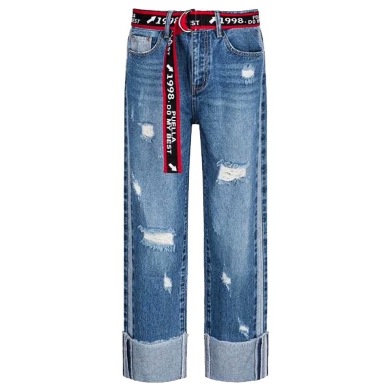 【热卖】破洞牛仔裤女潮新款韩版学生做旧翻边烂直筒九分长裤子20011722