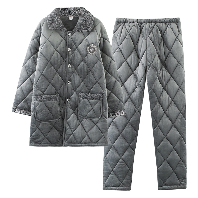 猫人贝贝绒夹棉中老年款睡衣男冬季翻领保暖开衫长袖长裤家居服