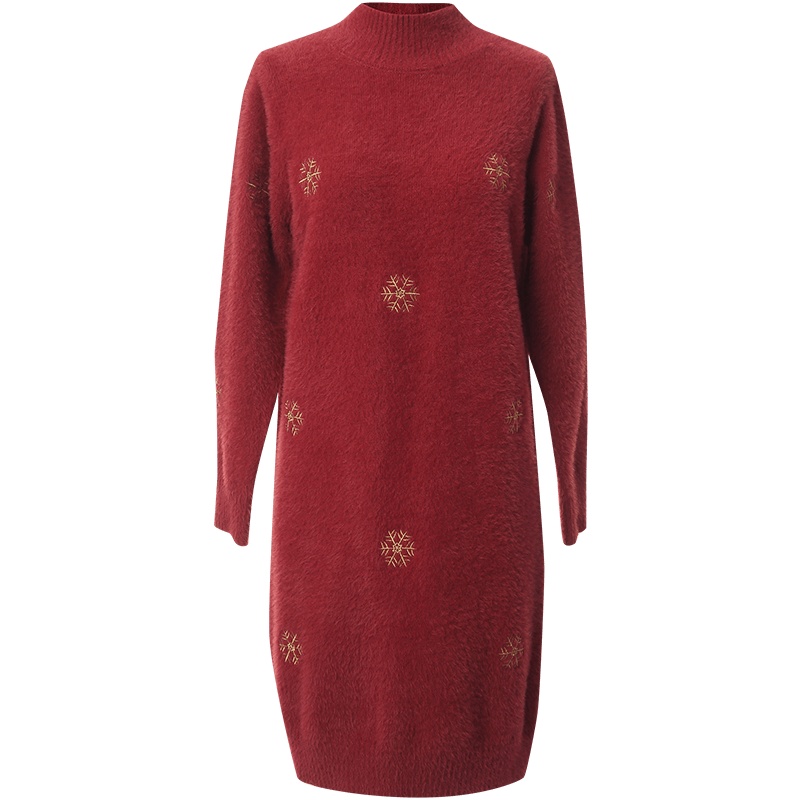 OUNIXUE欧昵雪 | [温柔风中长款针织裙]冬季半高领仿水貂毛雪花直筒连衣裙女