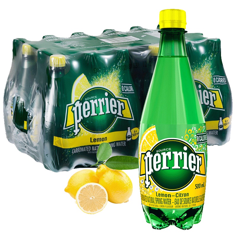 [柠檬塑料瓶]巴黎水(Perrier)天然气泡矿泉水(柠檬味)塑料瓶装 500ml*24瓶/箱 矿物质水饮用水法国进口