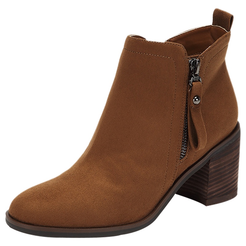 达芙妮冬新款侧拉链绒面圆头粗跟短靴裸靴女高跟鞋