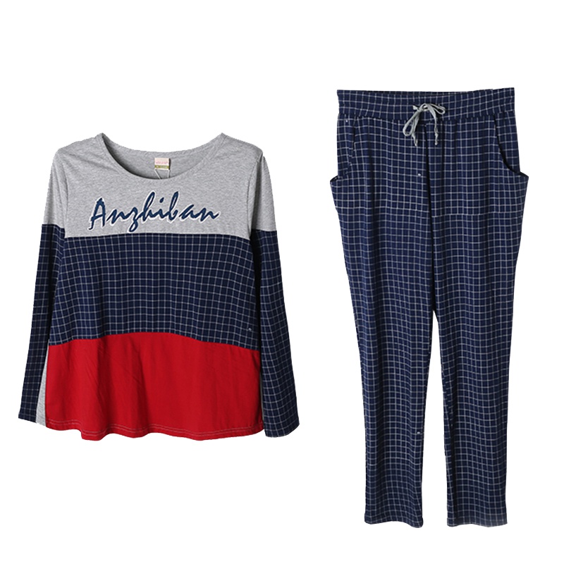 安之伴棉质情侣两件套单面针织插印格长袖男套甜美休闲运动甜美