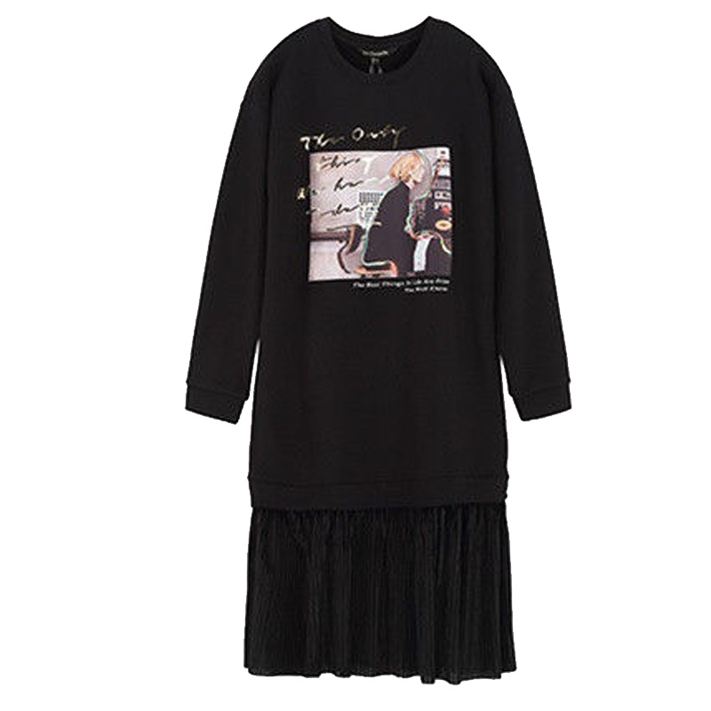 【专柜同款】拉夏贝尔【专柜同款】气质宽松长袖百褶裙拼接学生中长裙连衣裙卫衣裙女10017608