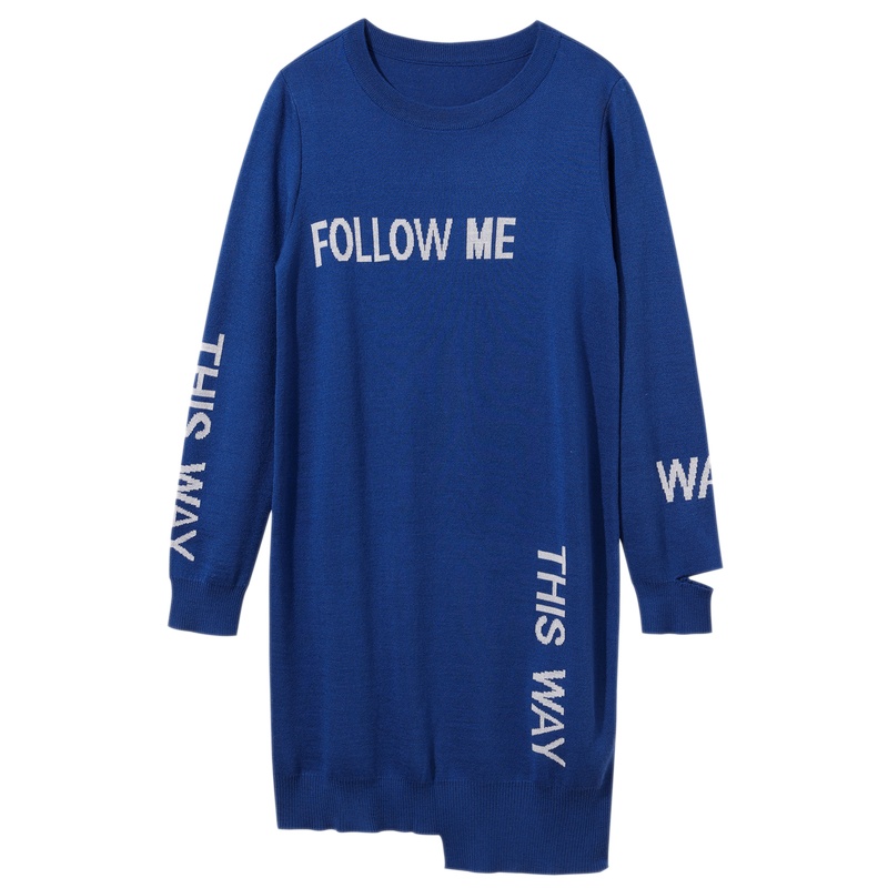 三彩2020秋季新款圆领字母提花镂空破洞不对称长袖针织连衣裙