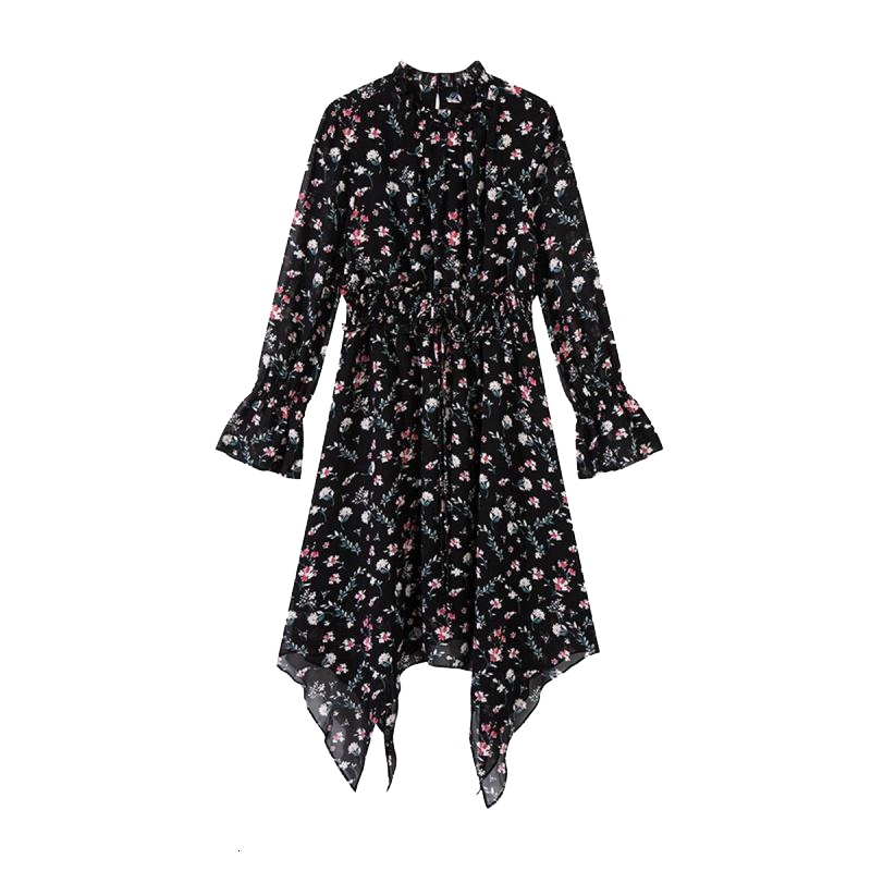 【专柜同款】拉夏贝尔长袖雪纺裙子女新款秋不规则裙摆长袖中长裙子10019075