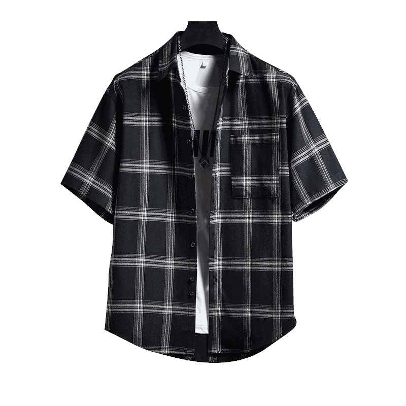 LEEVIRHINO2021年夏季新款男士全棉短袖衬衫男式中青年商务休闲格子寸衫大码打底衫男士衬衣男时尚外套男装潮男