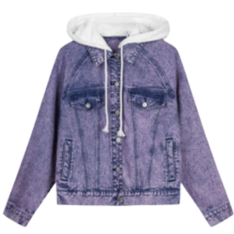 拉夏贝尔春季新款韩版复古连帽显瘦假两件牛仔水洗外套女1T000718