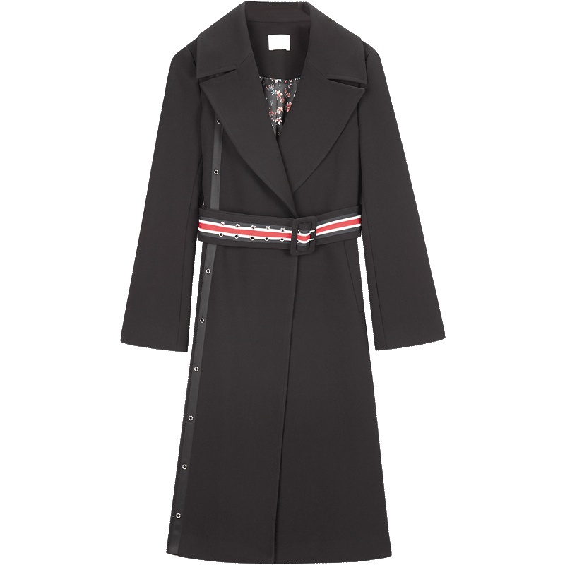 2019爱居兔春季女装黑色大翻领撞色腰带大衣