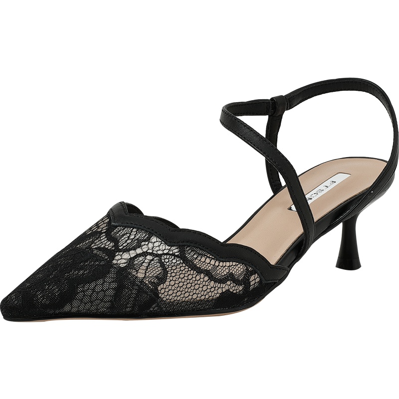 百田森包头凉鞋女夏季新款细跟高跟尖头蕾丝仙女风女士凉鞋_1