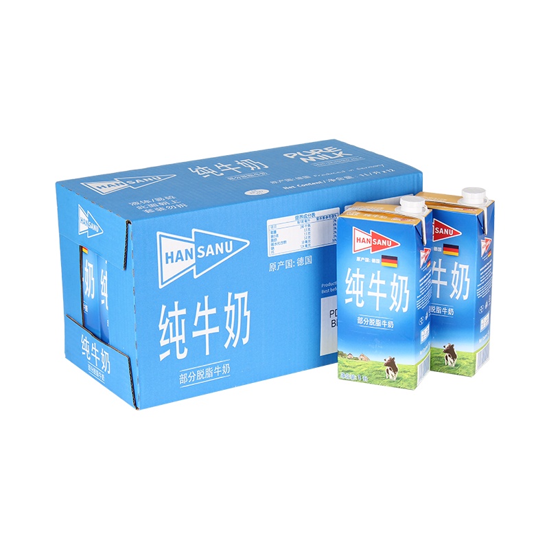 [苏宁易购超市]德国进口 德悠(HANSANU)1L*12盒 部分脱脂纯牛奶 进口低脂脱脂纯牛奶 整箱