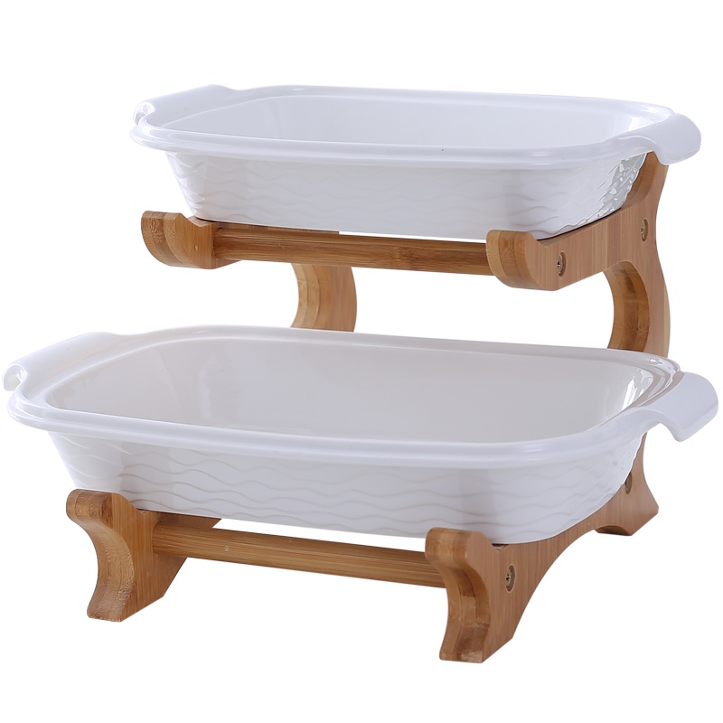 陶瓷竹木架水果盘套装创意现代客厅家用简约糖果盘双层果篮果盆竹木架组合装