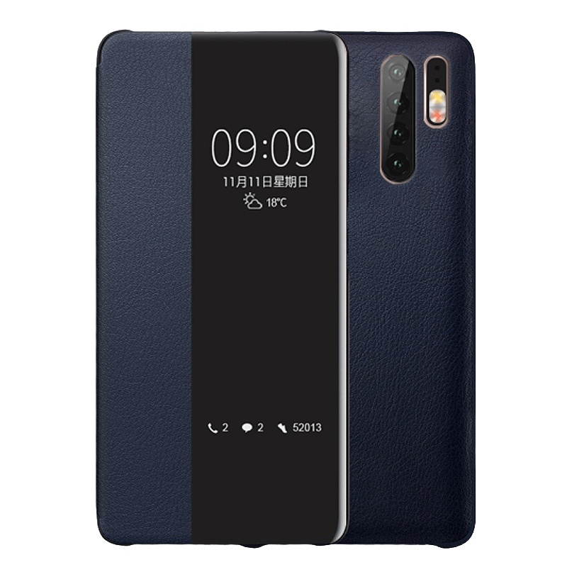 送钢化膜]溪特 华为p30pro手机壳抗爆防摔皮质保护壳(6.47英寸)原装免翻盖式手机保护套商务视窗智能休眠皮套蓝色