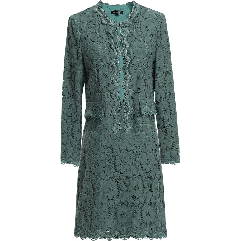 欧昵雪秋季时尚圆领花边修身蕾丝外套包臀短裙两件套装