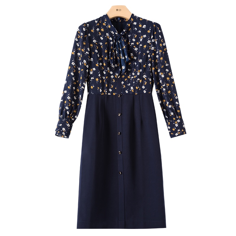 晚白2021春季新品通勤职业印花修身高腰假两件衬衫裙包臀连衣裙女