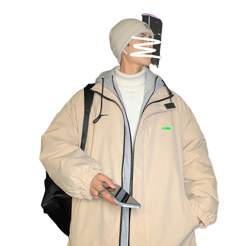 茜靓CHYLLIRN假两件棉服男2021冬季新款加厚棉衣ins港风潮流潮牌连帽棉袄外套