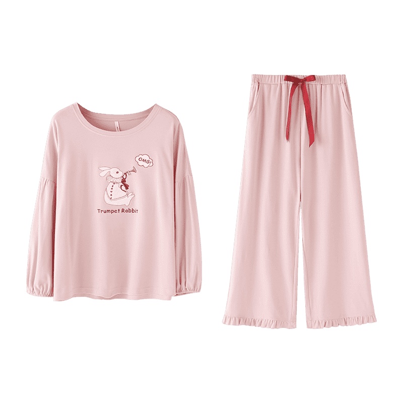 纯棉双面针织素色长袖女套装