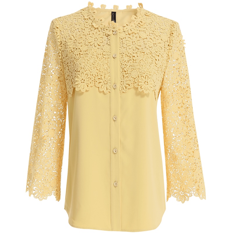 欧昵雪钩花镂空蕾丝拼接喇叭袖上衣女圆领衬衫衬衣