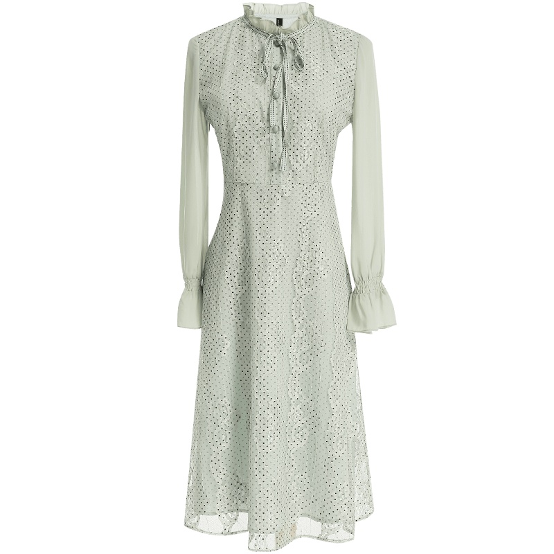 欧昵雪木耳边立领拼接雪纺长袖波点蕾丝连衣裙女