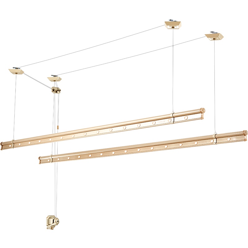 盼盼手摇升降晾衣架双杆式凉衣架 三杆折叠晒衣架 阳台家用晾衣杆香槟金2.4米两杆