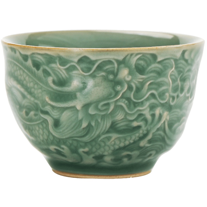 領藝 优选越窑青瓷主人杯单个景德镇风格龙泉手工浮雕精刻陶瓷功夫茶杯品茗杯含礼袋 越窑青瓷龙凤杯礼盒装