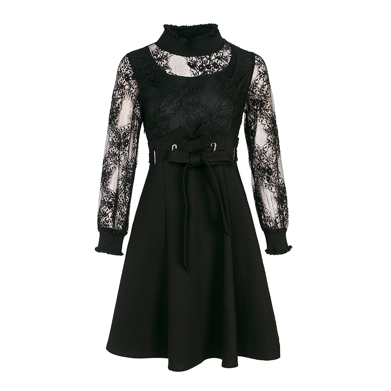 晚白女裙装2019春新款立领蕾丝长袖系带收腰A字假两件蕾丝连衣裙