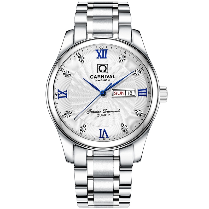嘉年华Carnival手表 男式防水双日历钢带石英表 男士手表男防水商务腕表时尚男表名匠系列时尚休闲精钢8827
