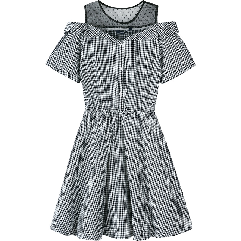 森马连衣裙夏法式复古格纹网纱拼接收腰裙子仙女超仙甜美