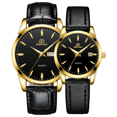 宾卡达binkada手表男表女表情侣石英表防水夜光双日历皮带情侣对表