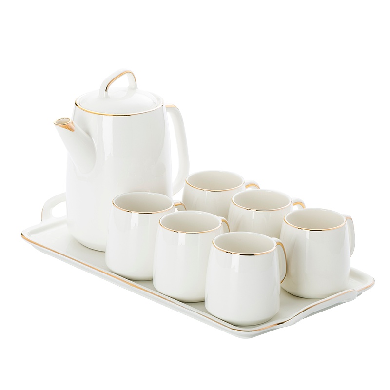 富昱景景 德镇陶瓷轻生活水壶水杯茶具一壶六杯带托盘珍珠白