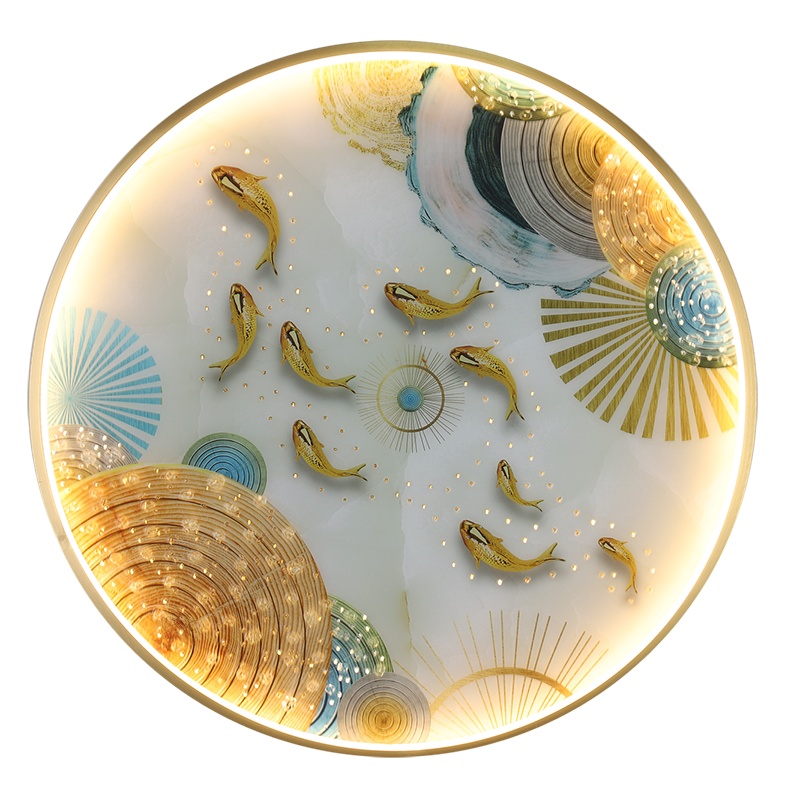 克罗斯塔 新中式九鱼图带灯客厅玄关画圆形走廊装饰画过道挂画LED发光壁画壁灯