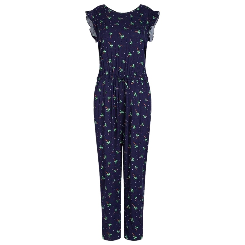 拉夏贝尔夏季新款韩版圆领松紧高腰九分休闲雪纺时尚连体裤_698 S 印花混色