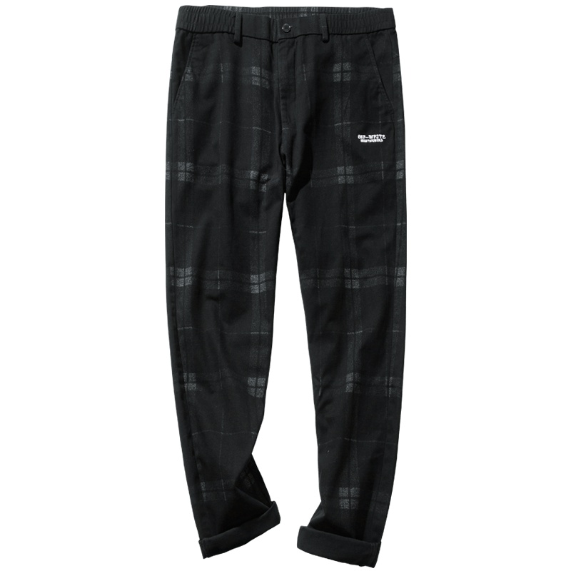 千纸鹤裤子男2019秋季新款韩版潮流纯棉格子宽松九分休闲裤70239