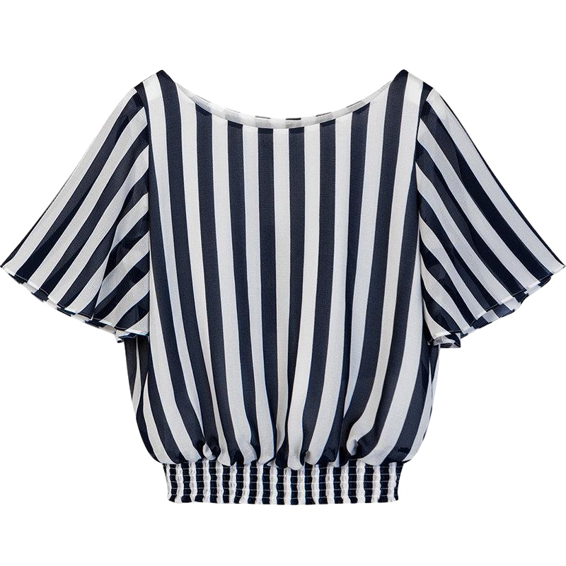 拉夏贝尔条纹收腰显瘦上衣夏季新款宽松遮肚子雪纺衫百搭短袖小衫女士_821 S 藏青