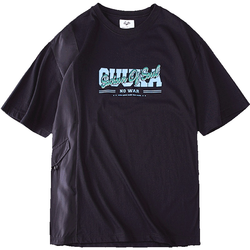 Guuka黑色T恤男短袖潮牌青少年ins嘻哈纯棉拼接印花五分袖T恤宽松