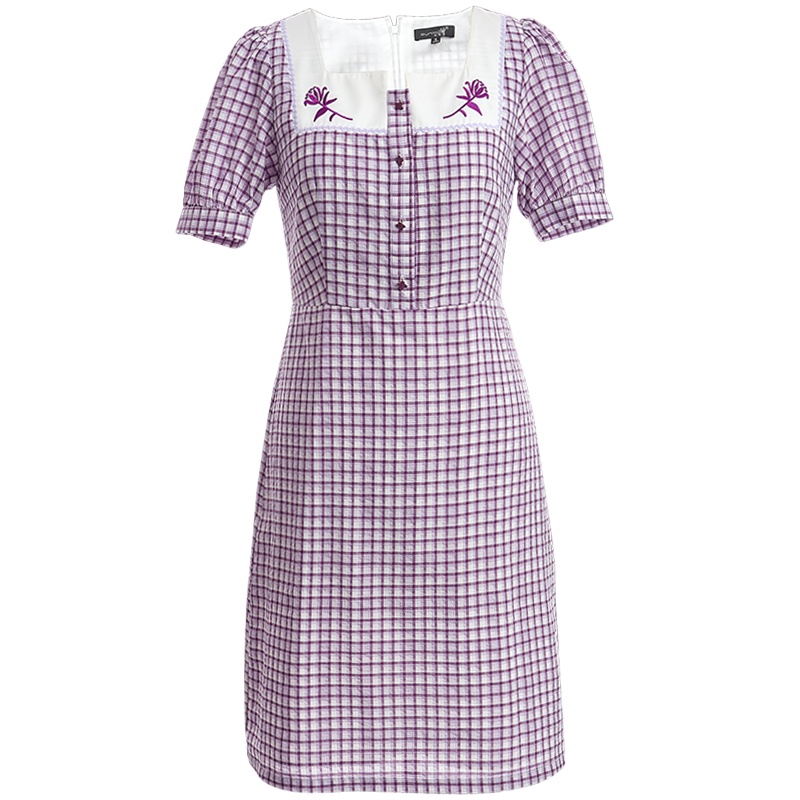 欧昵雪夏装复古方领绣花格子连衣裙女收腰显瘦短袖A字裙