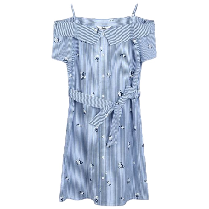 拉夏贝尔夏季新款吊带碎花一字肩连衣裙_589 条纹混色 S