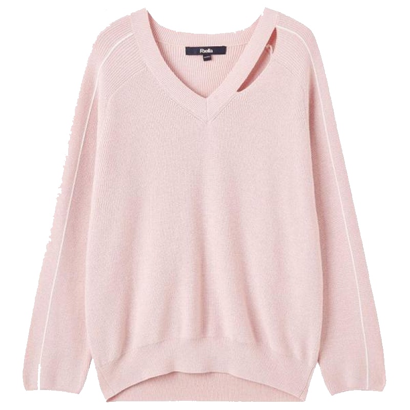 【专柜同款】Puella春季宽松慵懒风破洞女士套头锁骨上衣新款V领粉红色外穿针织衫