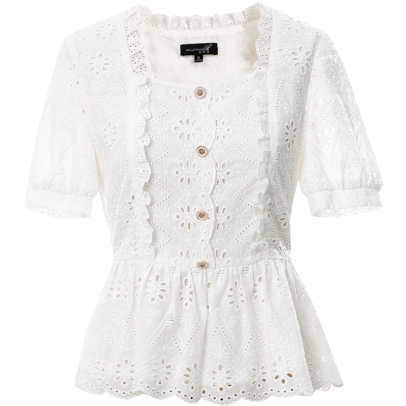 欧昵雪夏季方领镂空绣花纯棉短袖小衫女收腰荷叶摆短上衣