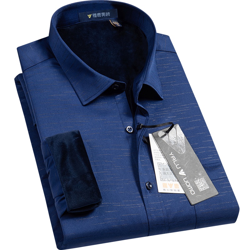 雅鹿男装超柔水晶绒内里加绒加厚保暖弹力方领衬衣长袖男士衬衫153M1954