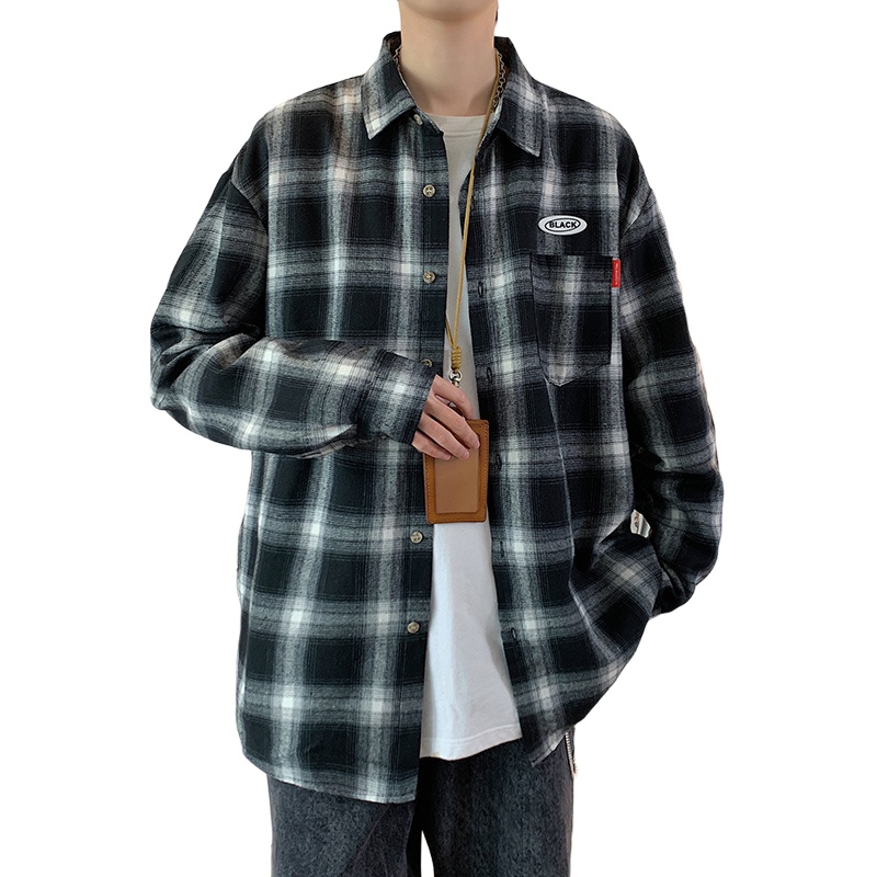 茜靓CHYLLIRN日系复古格子衬衫男港风原宿文艺宽松休闲格纹长袖衬衣