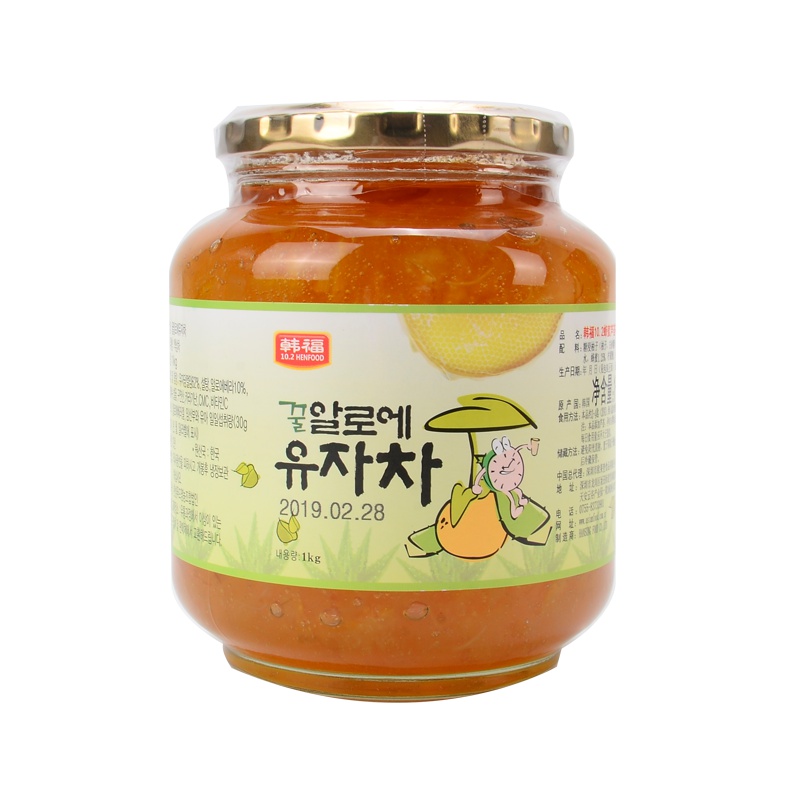 韩国原装进口 韩福10.2 蜂蜜芦荟柚子茶1000g /罐 冲饮罐装 果肉冲饮品果酱冲泡饮品 水果茶冲饮 芦荟味