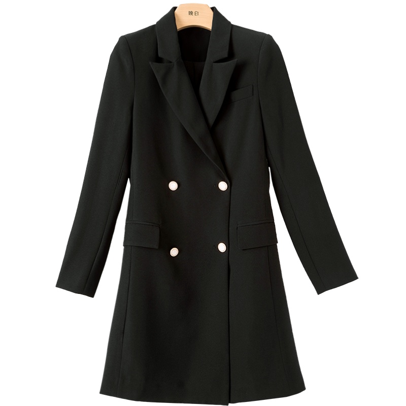 晚白2021春季新品简约纯色修身显瘦翻领长袖中长款西装大衣外套女