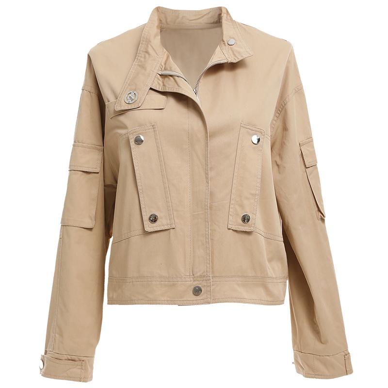 欧昵雪复古小个子立领显瘦长袖风衣女纯棉工装短外套