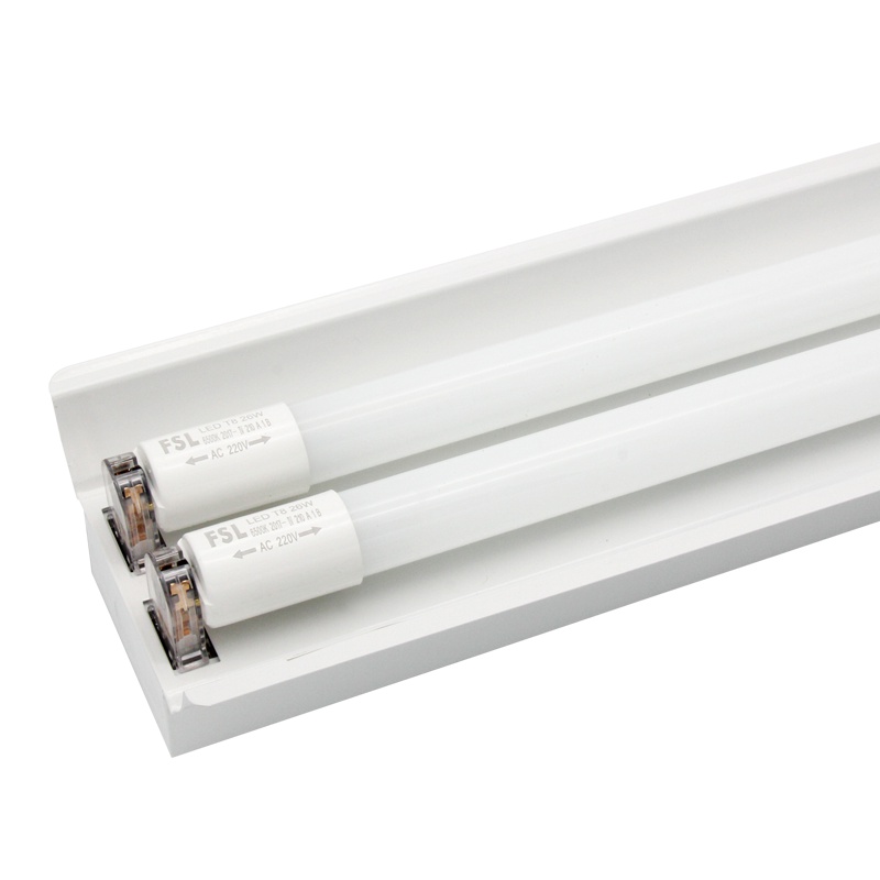 FSL佛山照明 T8单管双管带罩平盖一体化铁支架灯管1.2m高亮全套带支架简约现代超市流水线10W-10W以上