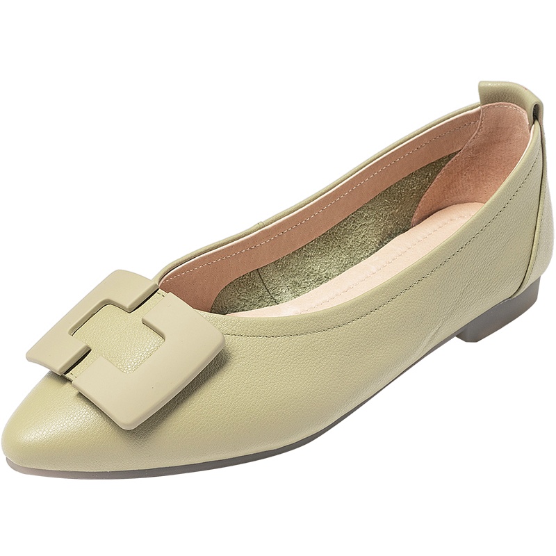 百田森真皮平底瓢鞋新款软底纯皮真皮尖头时尚方扣舒软单鞋女